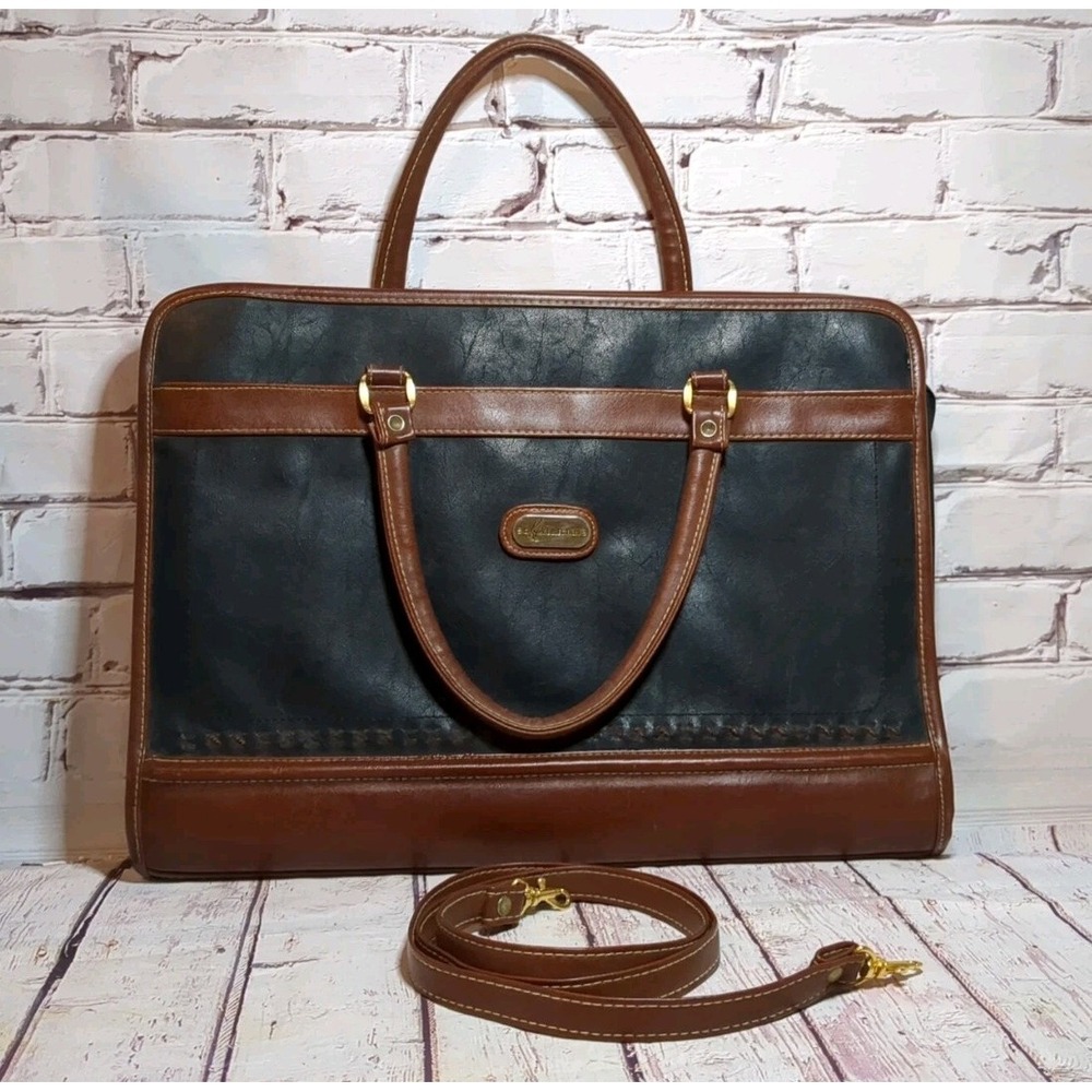 Kathie Lee 1990s Vintage Briefcase Tote Bag Handbag Brown Cognac Leather